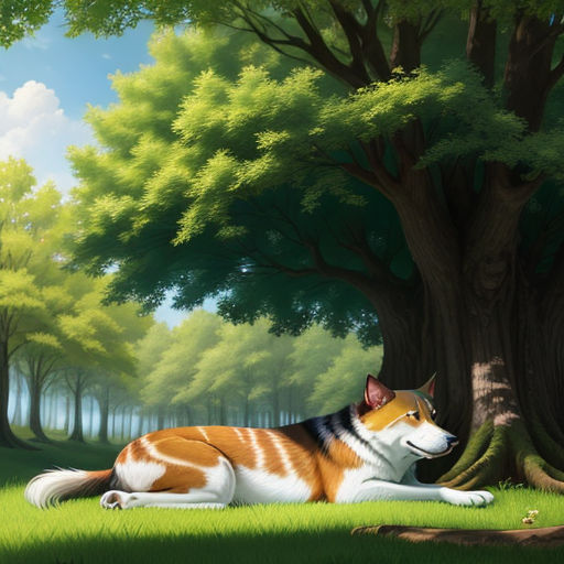 a dog laying in the grass under a tree in a forest with a dog laying next to it on the ground