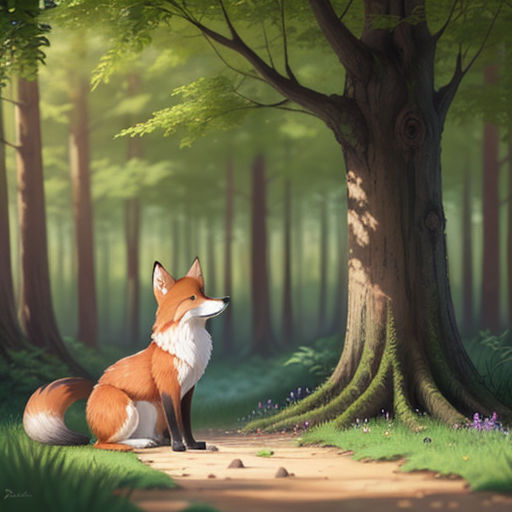 a fox sitting on a path in a forest with a tree in the background and a path leading to it
