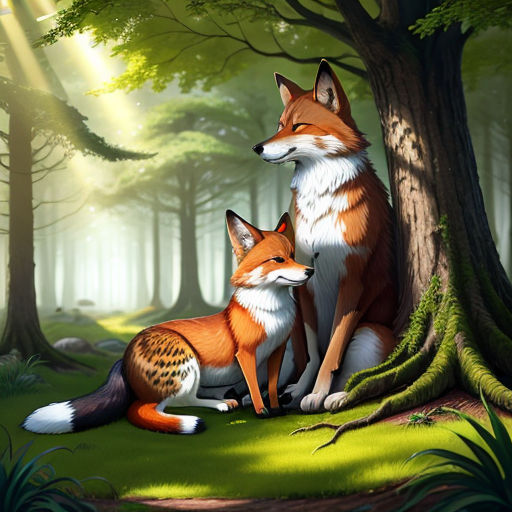 two foxes sitting in the woods next to a tree trunk and a tree trunk with a light shining on it