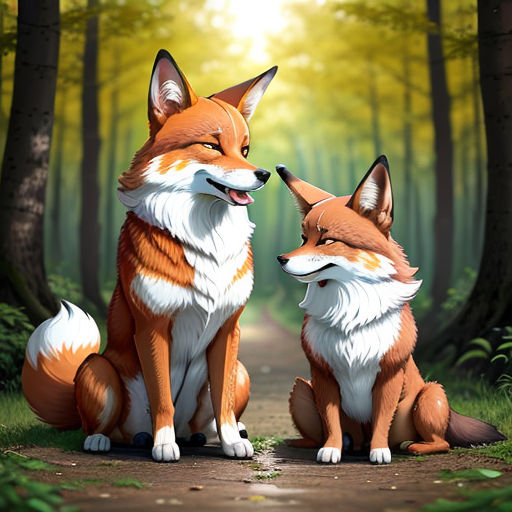 two foxes sitting on a path in the woods, one of them is licking the other's nose
