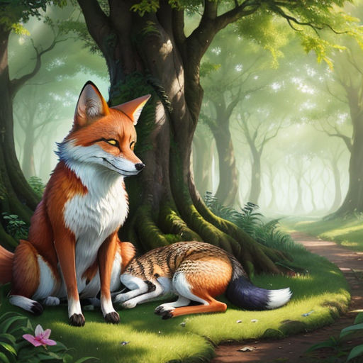 a painting of a fox and a cat in a forest with a path leading to a tree trunk and a flower