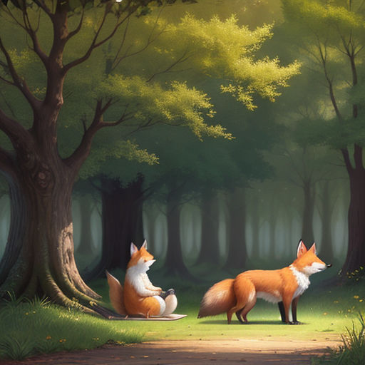 a painting of two foxes in a forest with a path leading to them, one of which is looking at the camera