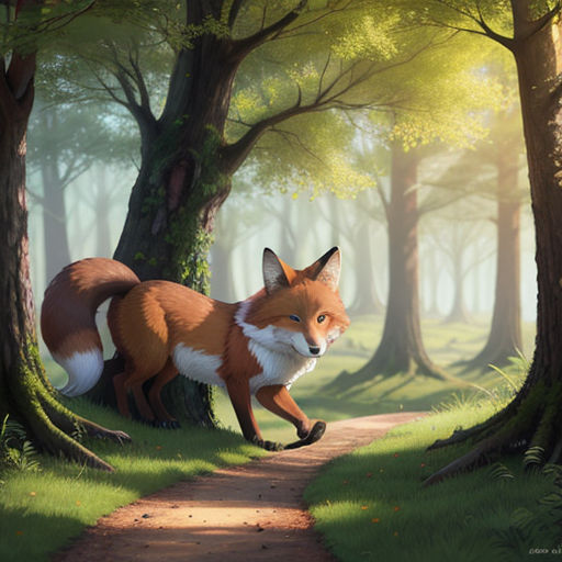 a fox is walking through a forest with trees and grass on a path between two trees, with a path leading to the right
