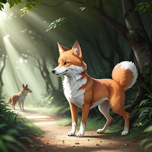 a painting of a fox and a dog in a forest with sunlight streaming through the trees and leaves on the ground