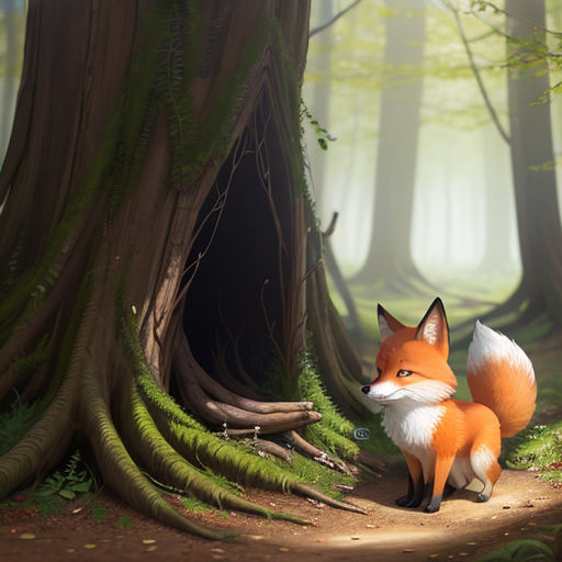 a fox sitting in the middle of a forest next to a tree trunk and a hollow in the ground