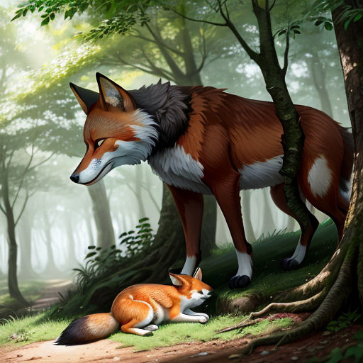 a fox and a fox are in the woods together, with a baby fox in the foreground of the picture
