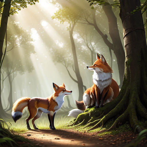 a couple of foxes standing on top of a forest floor next to a tree trunk and a forest floor