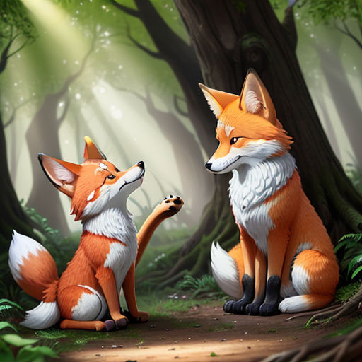 a couple of foxes sitting next to each other in a forest with trees and grass on the ground and a light shining on them