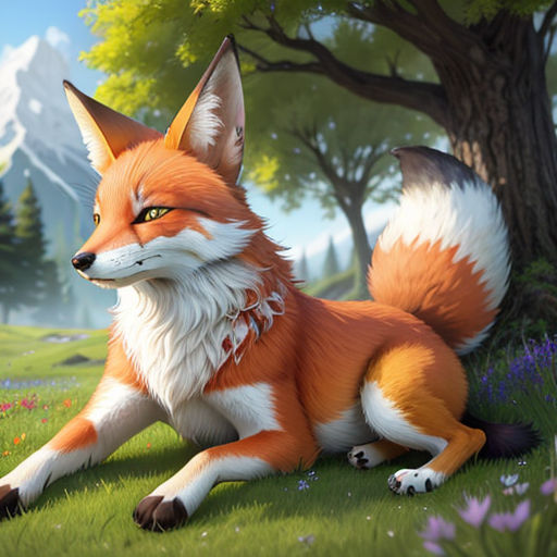 a fox sitting in the grass next to a tree and flowers in the background, with a mountain in the distance