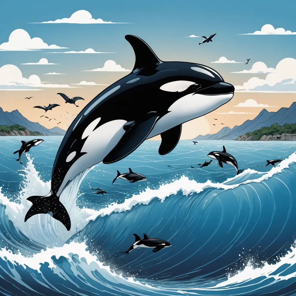 a whale jumping out of the water with other animals in the background and a sky with clouds and birds, pop surrealism, a storybook illustration, Dan Mumford, detailed illustration
