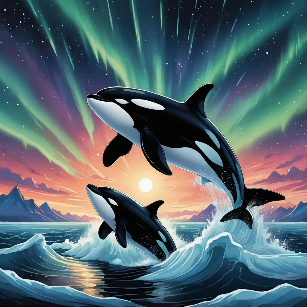 two orca jumping out of the water at night with the aurora lights in the background and a full moon in the sky, space art, an airbrush painting, Dan Mumford, official art