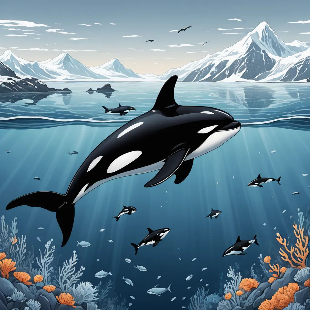 a whale swimming in the ocean with a lot of fish around it and a mountain in the background with snow capped mountains, environmental art, a storybook illustration, Dan Mumford, detailed illustration