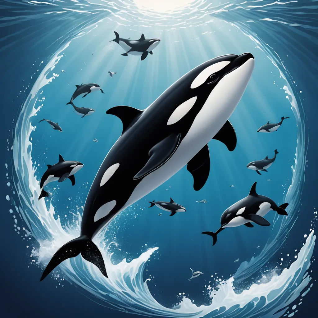 a group of dolphins swimming in the ocean together with a sun shining above them and a wave coming towards them, rayonism, an illustration of, David Martin, detailed illustration