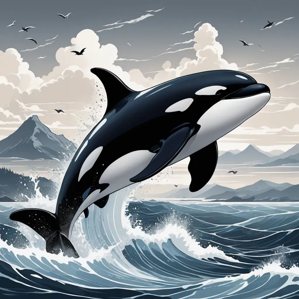 a black and white orca jumping out of the water with a bird flying above it and a mountain in the background, psychedelic art, a storybook illustration, Dan Mumford, detailed illustration