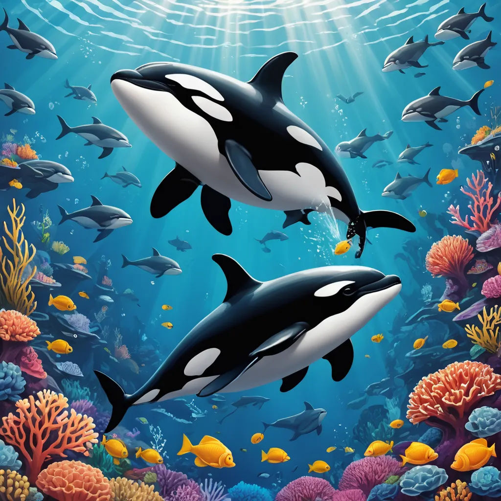 two orca whales swimming in the ocean with corals and fish around them, with sunlight streaming through the water, pop surrealism, a storybook illustration, David Martin, highly detailed digital painting