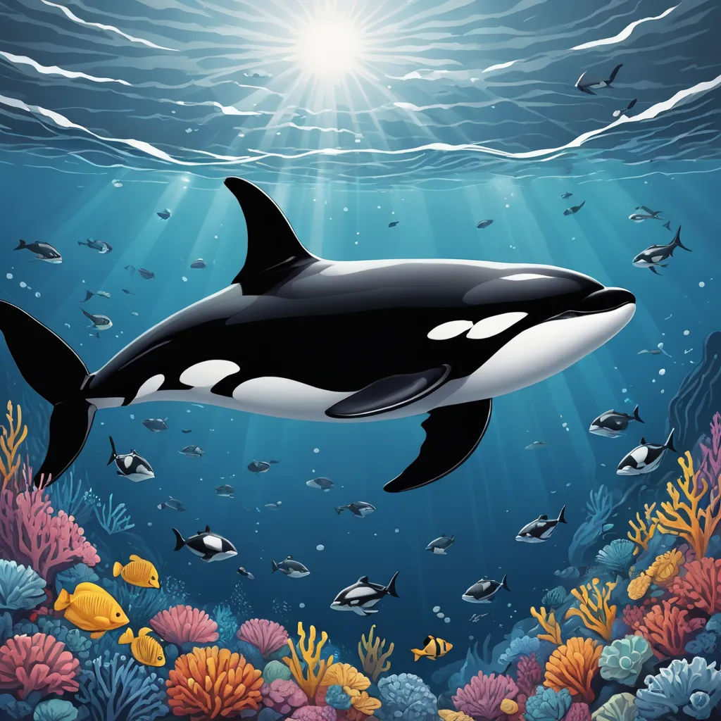 a whale swimming in the ocean with fish around it and sun shining above it, with a background of corals and other marine life, computer art, a storybook illustration, David Martin, ocean