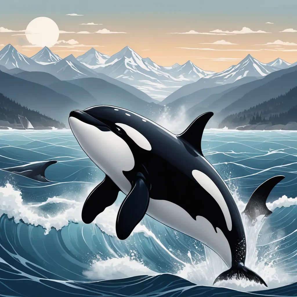 a whale jumping out of the water with mountains in the background and a full moon in the sky above, environmental art, a storybook illustration, Dan Mumford, detailed illustration