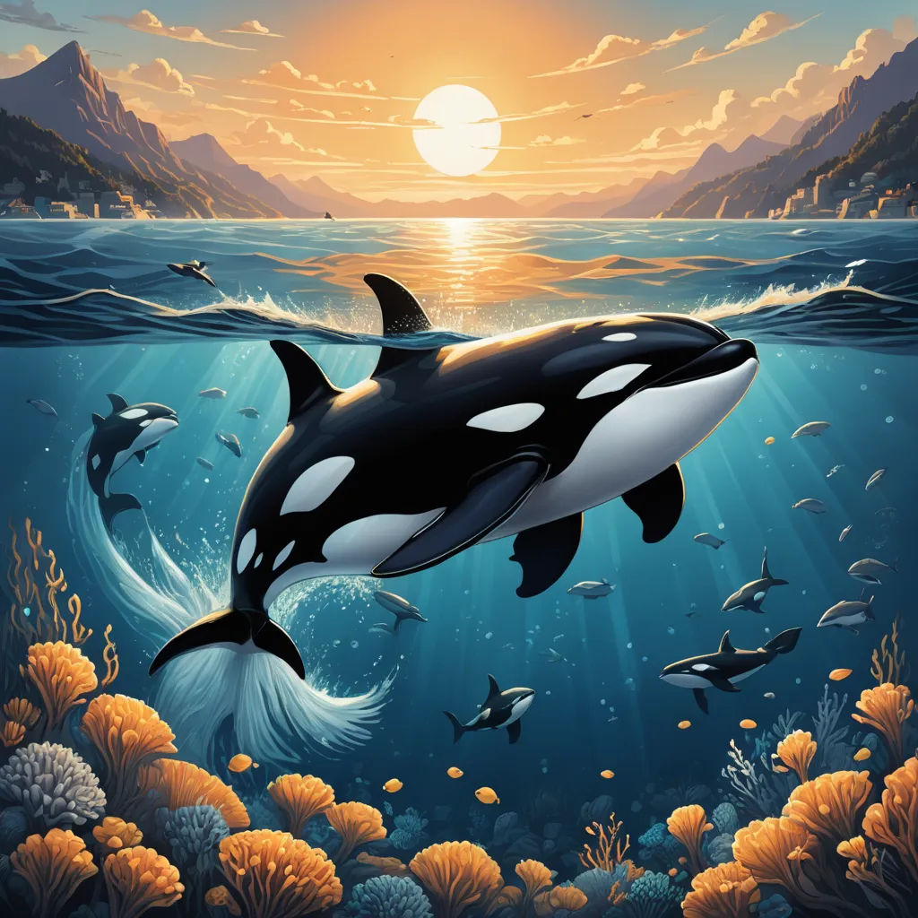 a painting of a whale swimming in the ocean with other animals around it and a sun setting in the background, fantasy art, an airbrush painting, Dan Mumford, highly detailed digital painting