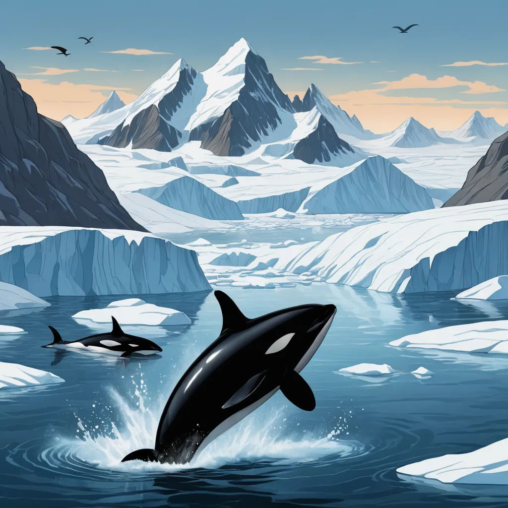 a whale jumping out of the water in front of mountains and icebergs in the ocean with a bird flying above, environmental art, a storybook illustration, Dan Mumford, extreme illustration