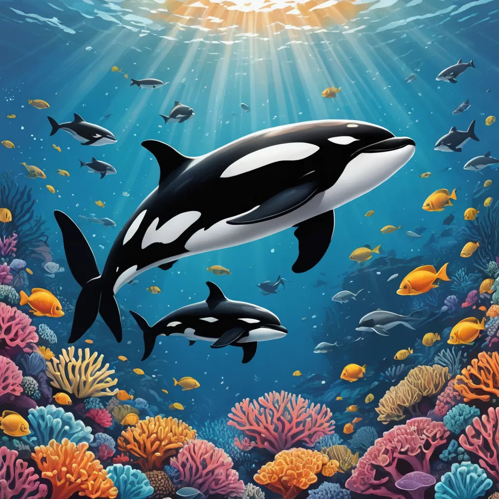 a painting of two orca whales swimming in the ocean with corals and fish around them, under a bright sun, fantasy art, a storybook illustration, David Martin, highly detailed digital painting