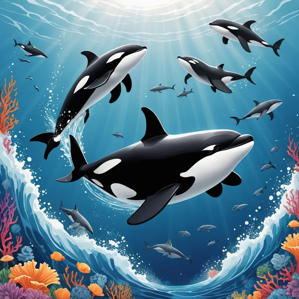 a group of orca swimming in the ocean with a sun shining above them and a group of fish swimming below, rayonism, a storybook illustration, David Martin, ocean