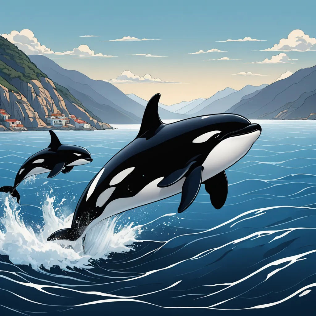 two orca jumping out of the water in front of a mountain range with a town in the background, environmental art, a storybook illustration, Dan Mumford, storybook illustration