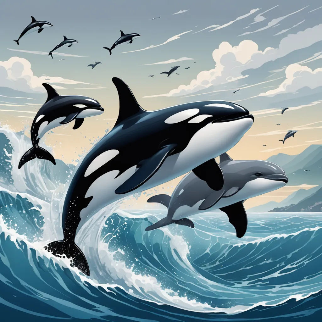 two orca whales jumping out of the water with birds flying above them in the background of a painting, fantasy art, a storybook illustration, Dan Mumford, extreme illustration