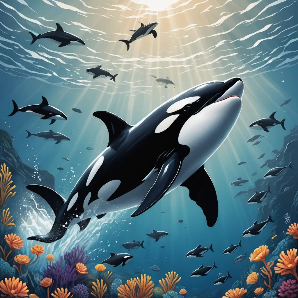 a whale swimming in the ocean surrounded by other animals and fish under the water's surface, with sunlight shining through the water, fantasy art, a storybook illustration, David Martin, highly detailed digital painting