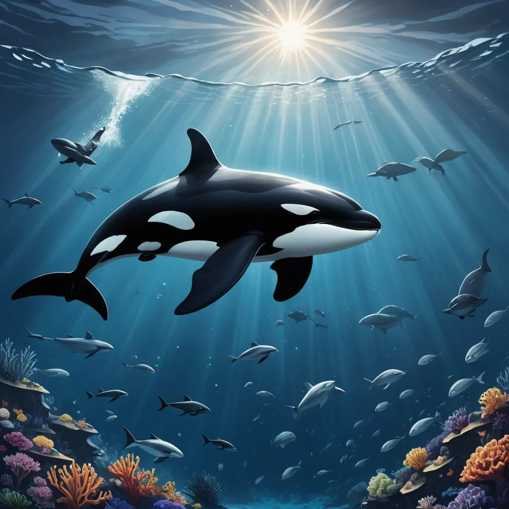 a painting of a whale swimming in the ocean with a lot of fish around it and a sun shining above, fantasy art, a storybook illustration, David Martin, underwater
