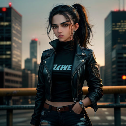 a woman in a leather jacket standing in front of a city skyline at night with her hands on her hips