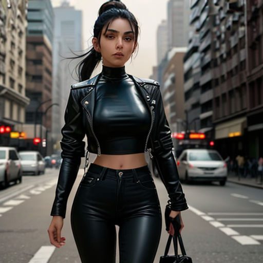 a woman in a black outfit is walking down the street with a handbag in her hand and a purse in her other hand
