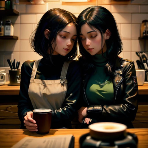 two women standing next to each other holding a cup of coffee and looking at a menu on a counter