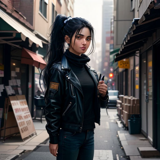 a woman in a black leather jacket standing on a street corner with a black umbrella in her hand and a black jacket on her shoulder