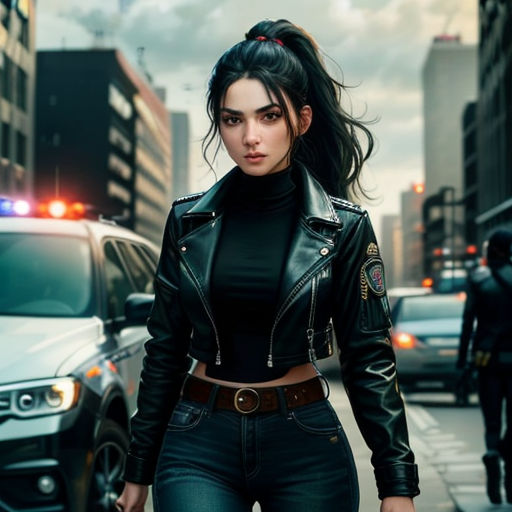 a woman in a black top and jeans walking down a street with a police car behind her and a cop car behind her