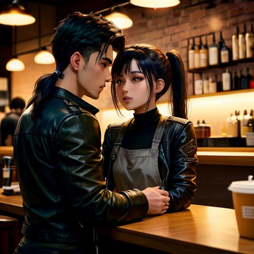 a man and a woman standing at a bar looking at each other's eyes and looking at each other