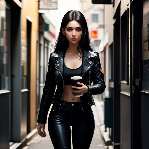 a woman in a black leather jacket and black pants walking down a street with a cup of coffee in her hand