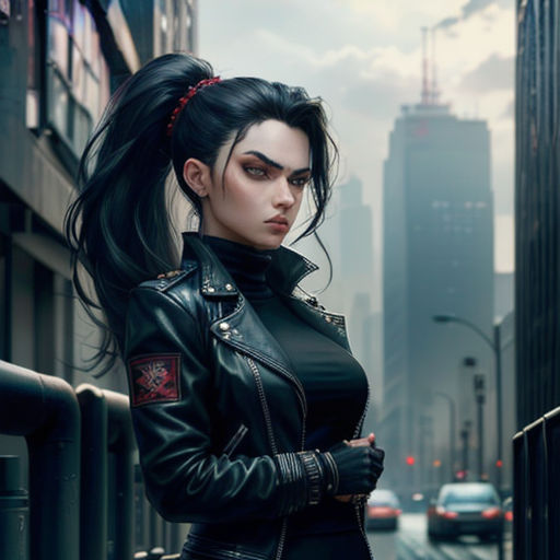 a woman in a black leather jacket standing on a street corner with a city in the background and a car in the foreground