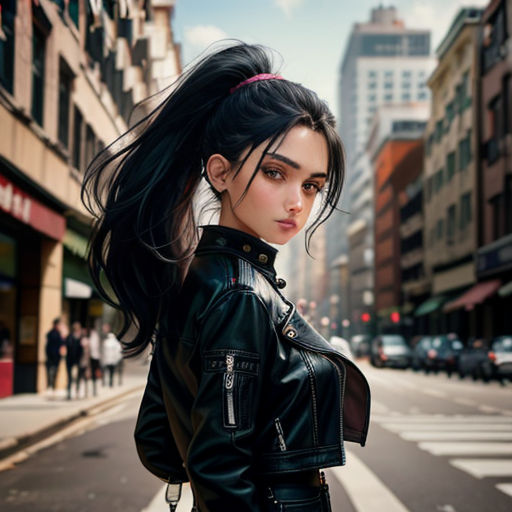 a woman in a black leather jacket is standing on the street with her hair blowing in the wind and looking at the camera