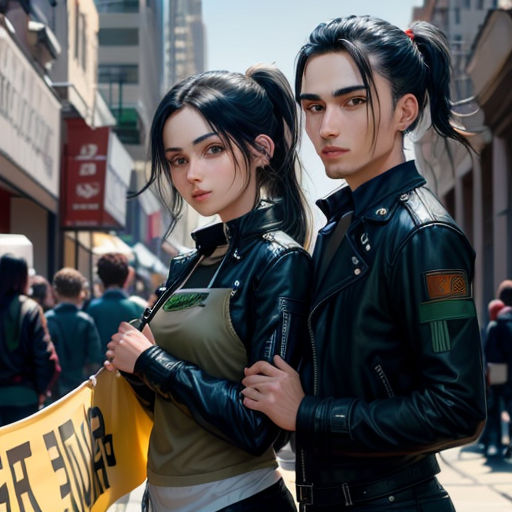 a couple of people standing next to each other on a street corner with a banner in front of them