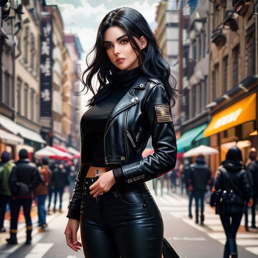 a woman in a black leather outfit standing on a street corner with a crowd of people behind her and a city street in the background