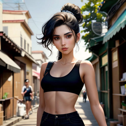 a woman in a black top and jeans walking down a street with a man in the background and a man in the background