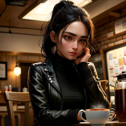 a woman sitting at a table with a cup of coffee in front of her and a teapot in the background