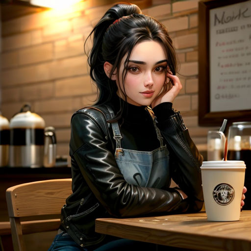 a woman sitting at a table with a cup of coffee in her hand and a starbucks sign in the background