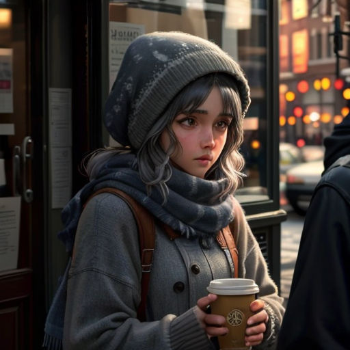 a woman holding a cup of coffee on a city street corner in winter time, with a man standing next to her