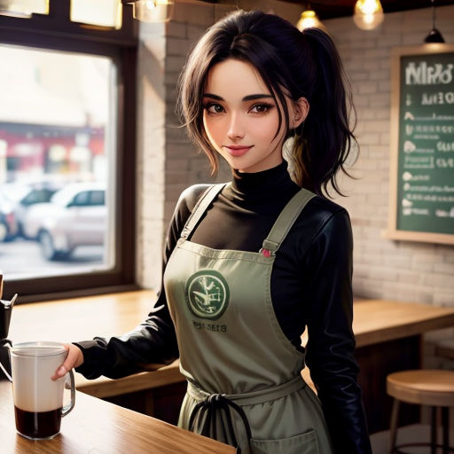 a woman in an apron holding a cup of coffee in front of a counter with a window and a sign