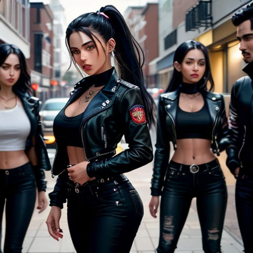 a group of women walking down a street next to each other on a sidewalk with a man in the background