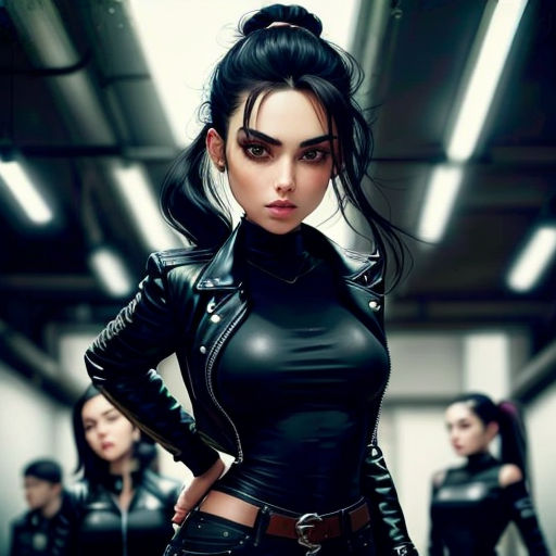 a woman in a black leather outfit standing in a hallway with other women in black leather outfits behind her