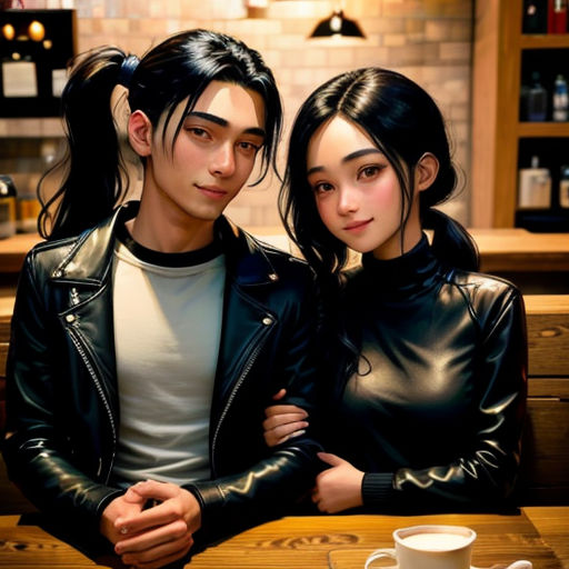 a couple of people sitting next to each other near a cup of coffee and a plate of food on a table
