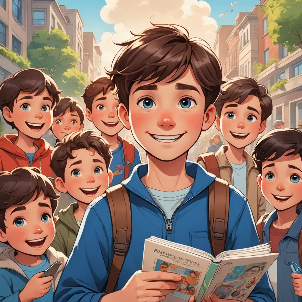 a boy reading a book in front of a group of boys in a city street with buildings and trees, serial art, a storybook illustration, Diego Gisbert Llorens, rossdraws global illumination