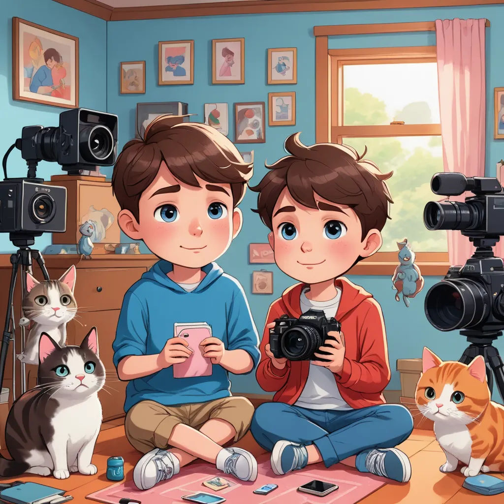 a boy and a girl are sitting on the floor with a camera and a cat in front of them, sots art, a storybook illustration, Diego Gisbert Llorens, canon